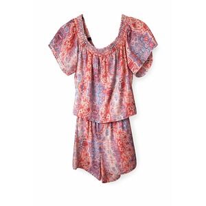 Parker Silk Blend Romper Coral Blue Paisley Smocked Off Shoulder Womens Medium